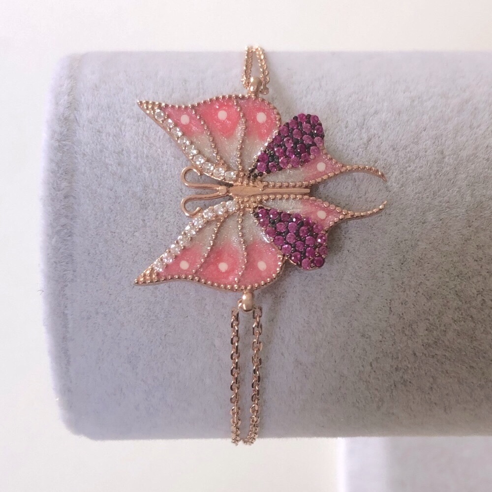 Bracelet handmade 925 silver pink cz butterfly enamel 14K rose gold plated